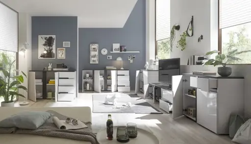 Kommode - B ca. 88 cm, Weiß, Weiß Hochglanz, Anthrazit