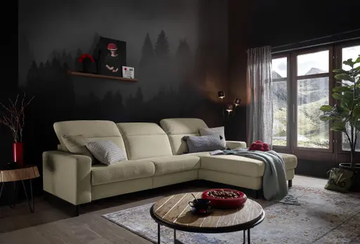Ecksofa - CALM FLEX 2.0, 3-Sitzer mit Longchari rechts, Kopfteil verstellbar, Stoff, Natur