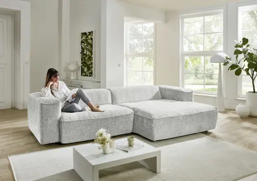 Ecksofa - 2-Sitzer mit Longchair rechts, Stoff, Weiß