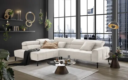 Ecksofa COLLEEN 2.0 - Ecke links mit 2-Sitzer, Kopfteil verstellbar, Feincord, Weiß