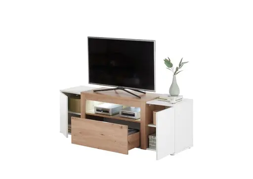 Lowboard - mit Beleuchtung, B ca. 150 cm, Weiß, Artisan Eiche Nachbildung