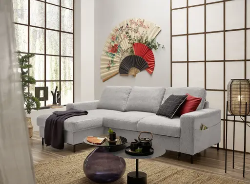 Ecksofa - Longchair links mit 2-Sitzer, Stoff, Silbergrau