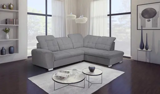 Ecksofa - 2-Sitzer, Ecke rechts inkl. Schlaffunktion und Bettkasten, verstellbare Kopfstützen, Stoff, Grau