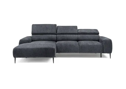 Ecksofa - Longchair links mit 2-Sitzer, Sitzvorzug motorisch, Kopfteil verstellbar, Stoff, Schwarzgrau