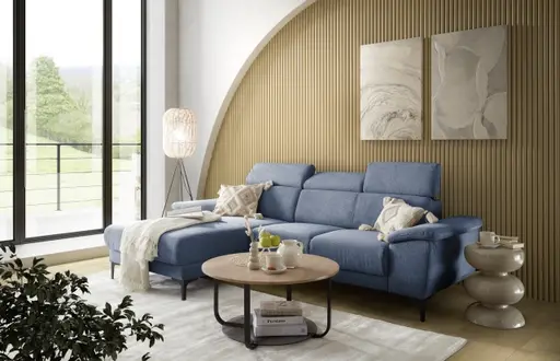 Ecksofa EZRA - Ecke links, 2-Sitzer inkl. Kopfteilverstellungen, Stoff, Blau