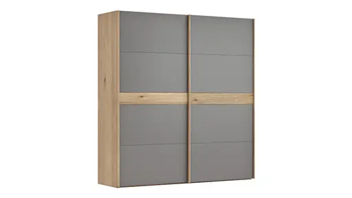 Schwebetürenschrank Viana - B ca. 212 cm, Lack, Steingrau, Riffholz, Balkeneiche