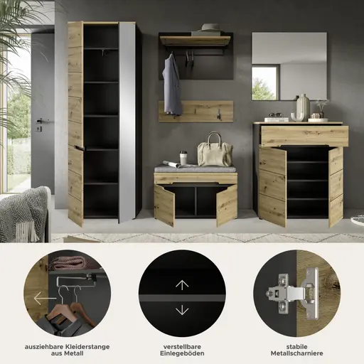 Garderobe - inkl. Sitzkissen, Basalt grau, Artisan Eiche Nachbildung