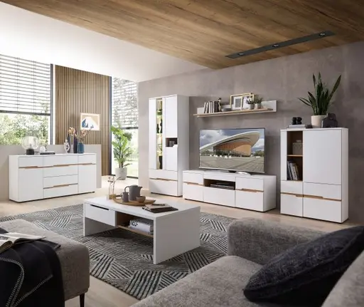 Wohnwand - mit Beleuchtung, Weiß, Artisan Eiche Nachbildung