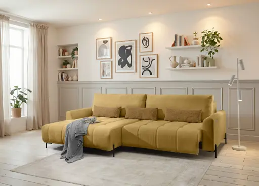 Ecksofa - Longchair links mit 2-Sitzer, Sitztiefe verstellbar motorisch, Stoff, Senfgelb