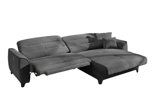 Ecksofa - 1-Sitzer mit Longchair rechts, Relaxfunktion motorisch, Kopfteil verstellbar, Cord, Grau