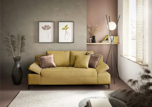 Sofa JEREMO - 2-Sitzer inkl. Schlaffunktion und Armlehnen verstellbar, Stoff, Senfgelb