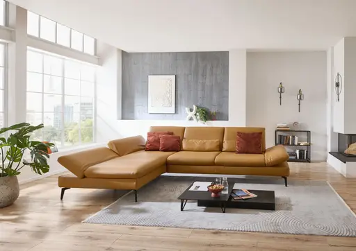 Ecksofa - Longchair links und 3-Sitzer, Armlehne verstellbar, Leder, Kurkuma