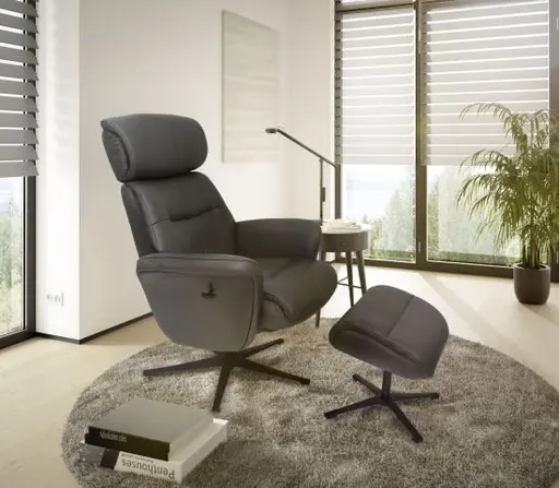 TV-Sessel MIO mit Hocker - drehbar, Kopfteilverstellung, Leder, Dunkelgrau