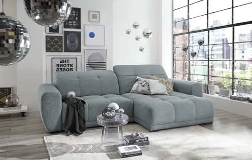 Ecksofa -2-Sitzer mit Longchair rechts, Kopfteil verstellbar, Sitztiefe verstellbar motorisch, Stoff, Eisblau