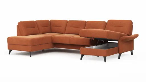 Wohnlandschaft Almyra - Ottomane links, 2,5-Sitzer inkl. Vorziehsitz (motorisch), Longchair rechts inkl. Bettkasten und Armlehne klappbar, Stoff, Kupfer