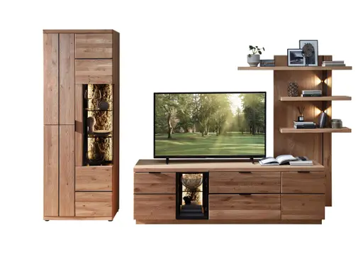 Wohnwand - mit Beleuchtung, Wildeiche teilmassiv