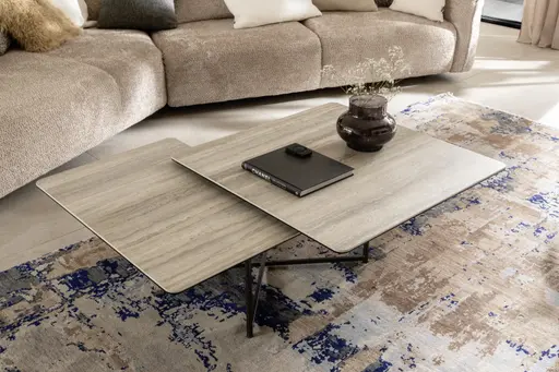 Couchtisch Cena - LB ca. 132x108 cm, Platten drehbar, Keramik, Travertin 