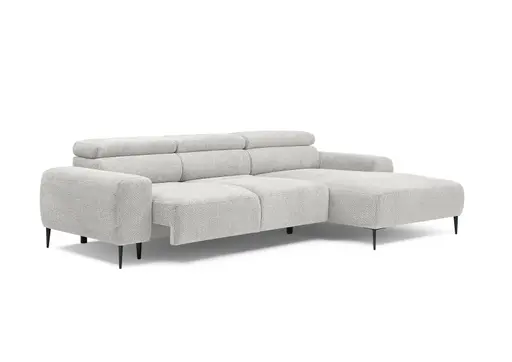 Ecksofa - 2-Sitzer mit Longchair rechts, Sitzvorzug motorisch, Kopfteil verstellbar, Stoff, Creme