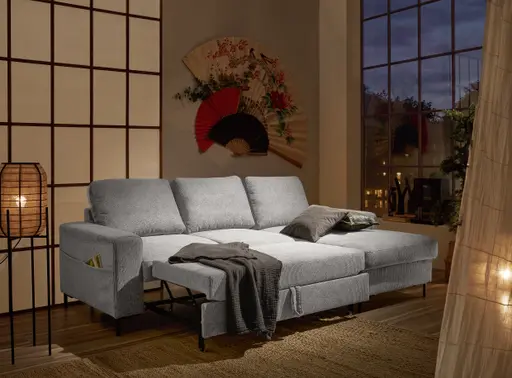 Ecksofa - 2-Sitzer mit Longchair rechts, Stoff, Sibergrau