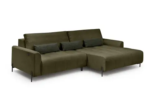 Ecksofa - 2-Sitzer mit Longchair rechts, Sitztiefe verstellbar motorisch, Stoff, Dunkelgrün