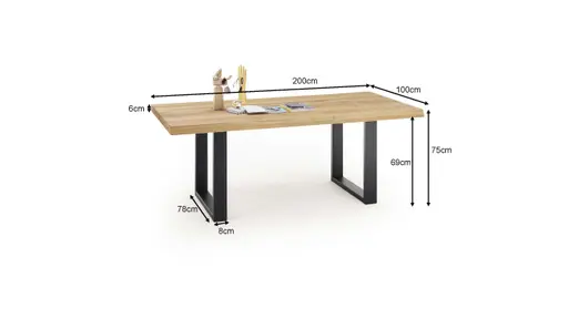 Esstisch - LB ca. 200x100 cm, Wildeiche massiv geölt, Baumkante, Schwarz