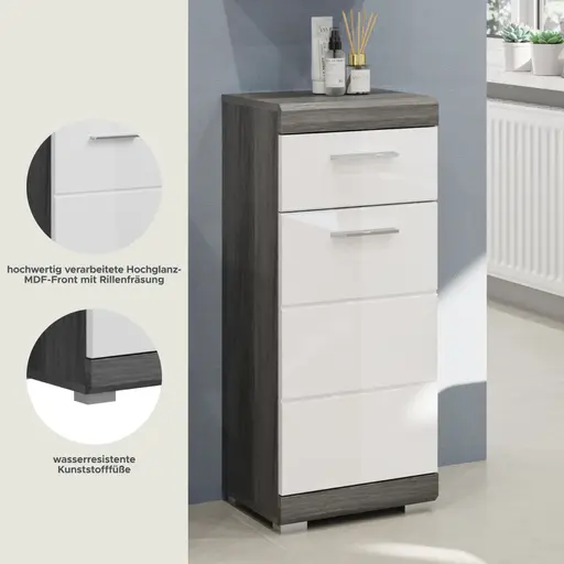 Standschrank - B ca. 37 cm, Rauchsilber, Weiß Hochglanz