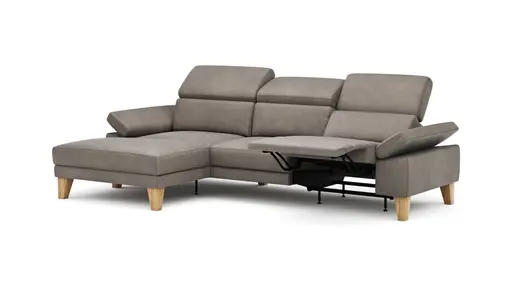 Ecksofa Hudson - Longchair links mit 2,5-Sitzer, inkl. Kopfteil/Armlehne verstellbar und Relaxfunktion (motorisch), Stoff, Steingrau