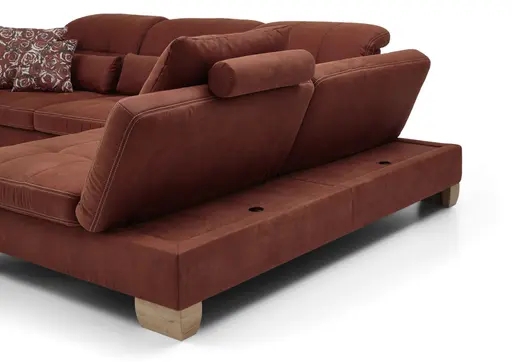 Ecksofa - 3-Sitzer mit Longchair rechts, inkl. Kopfteil/Armlehne verstellbar, Stoff, Rubin