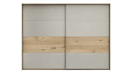 Schwebetürenschrank Viana - B ca. 278 cm, Furnier, Balkeneiche, Hellgrau
