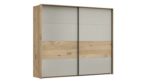 Schwebetürenschrank Viana - B ca. 248 cm, Furnier, Balkeneiche, Hellgrau