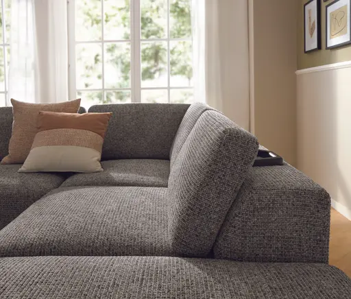 Ecksofa Benissa - Ecke und Abschlussteil mit 2,5-Sitzer rechts inkl. Rückenlehne verstellbar, Stoff, Dunkelgrau