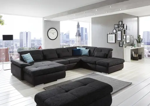 Wohnlandschaft - Longchair links mit 2,5-Sitzer und Ecke rechts, inkl. Sitztiefe verstellbar, Stoff, Schwarz/Anthrazit