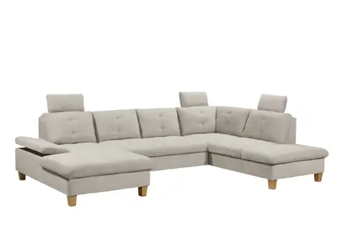 Wohnlandschaft - Ecke links, 2-Sitzer, Longchair rechts inkl. Schlaffunktion mit Bettkasten, Stoff, Hellgrau