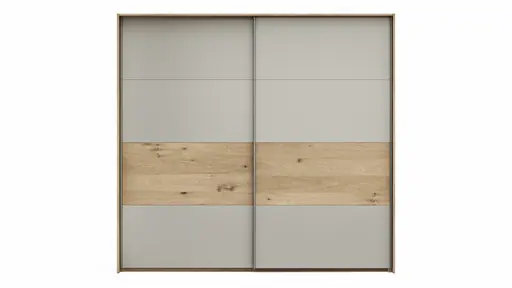 Schwebetürenschrank Viana - B ca. 218 cm, Furnier, Balkeneiche, Hellgrau