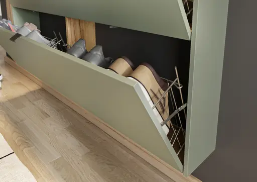 Schuhschrank GIANNA - B ca. 140 cm, Taupegrün, Navarra Eiche Nachbildung