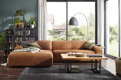 Ecksofa Denver - Longchair links mit 2,5-Sitzer inkl. Sitzvorzug (motorisch), Stoff, Braun