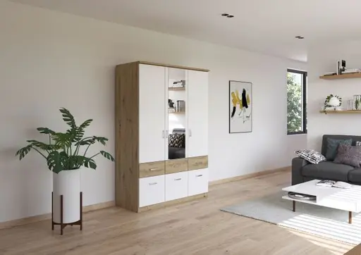 Drehtürenschrank ROYAN- B ca. 136 cm, Eiche Dekor, Weiß