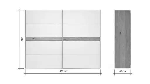Schwebetürenschrank Viana - B ca. 301 cm, Lack, Steingrau, Riffholz, Balkeneiche