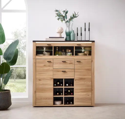 Highboard - mit Beleuchtung, B ca. 128 cm, Eiche Nachbildung, Eiche dunkel Nachbildung