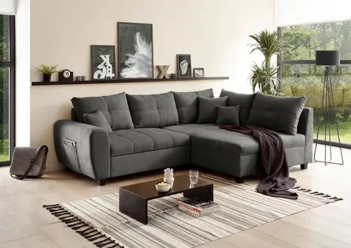 Ecksofa - 1,5-Sitzer, Ecke rechts, Schlaffunktion, Microvelour Steingrau