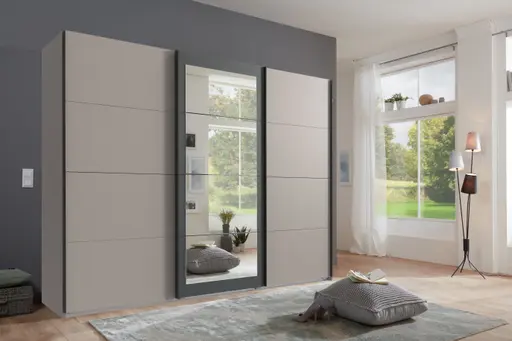 Schwebetürenschrank- B ca. 270 cm, Hellgrau, Sand, Grafit
