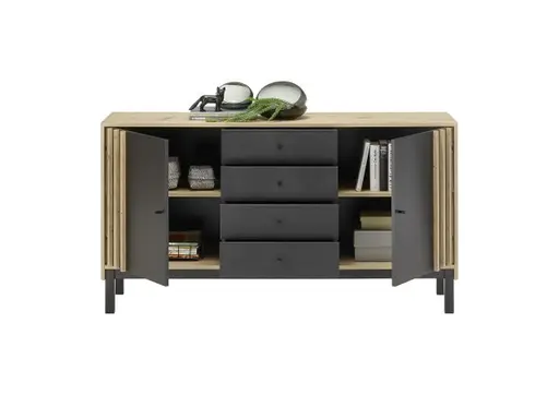 Kommode - B ca. 155 cm, Eiche Dekor, Schwarz