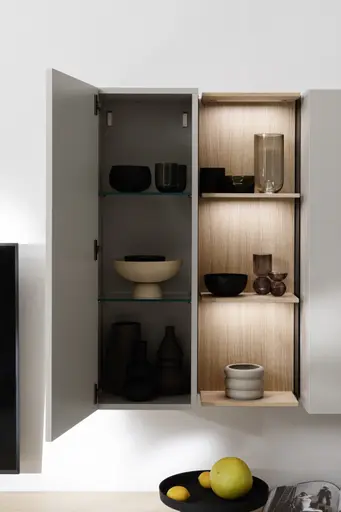 Wohnwand Venzone - B ca. 360 cm, Lack, Hellgrau, Eiche furniert