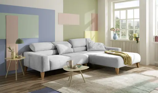 Ecksofa CHENOA - 2-Sitzer mit Longchair rechts, Kopfteil verstellbar, Stoff, Silbergrau