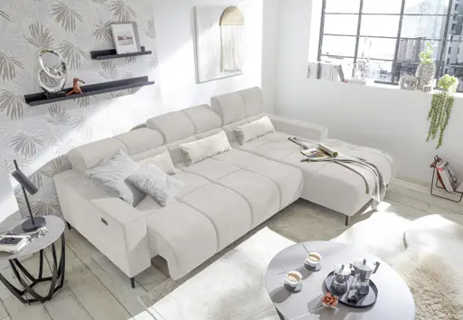 Ecksofa - 2-Sitzer mit Longchair rechts, Sitztiefe verstellbar motorisch/Kopfteil verstellbar, Stoff, Creme