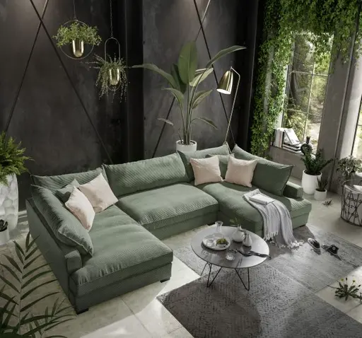 Wohnlandschaft - Longchair links, 2-Sitzer, Ecke rechts, Stoff, Grün