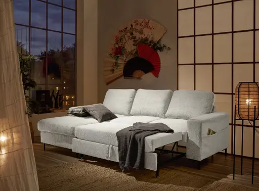Ecksofa - Longchair links mit 2-Sitzer, Stoff, Creme