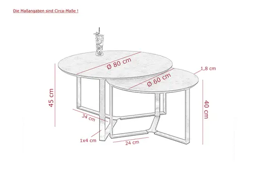Couchtisch - 2er Set, Betonoptik dunkel, Schweizer Kante, Schwarz
