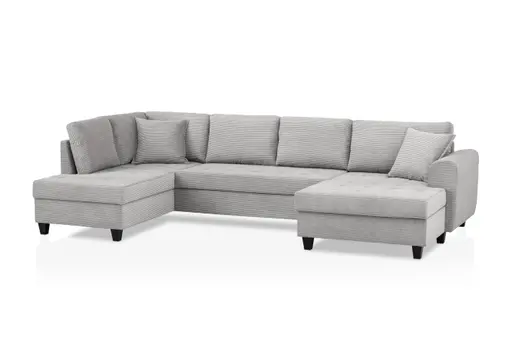 Wohnlandschaft - Longchair links, 2-Sitzer, Ecke rechts inkl. Schlaffunktion mit Bettkasten, Stoff, Hellgrau