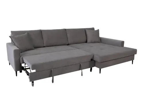 Ecksofa - 3-Sitzer mit Longchair rechts, Schlaffunktion mit Bettkasten, Stoff, Grau